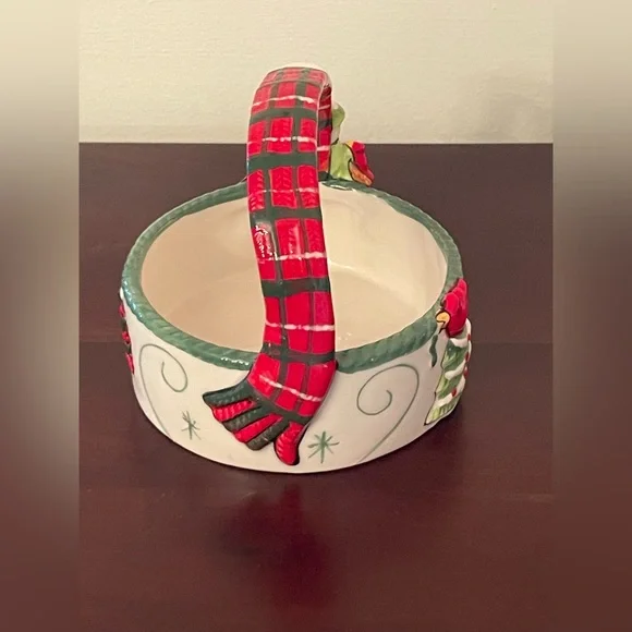 BNIB Fitz and Floyd Holly Hat Snowman Ceramic Basket 2013 Christmas Candy Dish - Picture 4 of 10